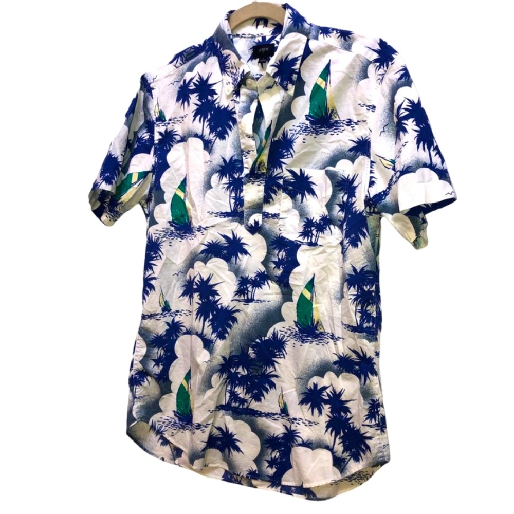 j. crew Sailboat Tropical Island Postcard print pull over shirt S